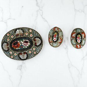 Antique Victorian Italian Micro Mosaic Brooch and Screw-Back Earring Set Silver